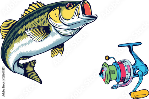 Largemouth bass jumping and fishing reel illustration