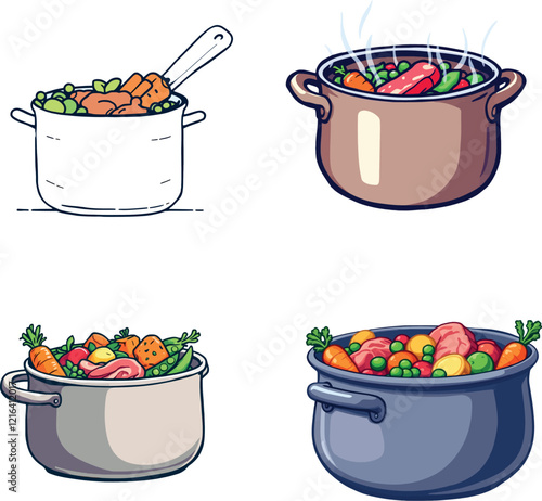 Cooking pots simmering delicious vegetable stew with meat and herbs