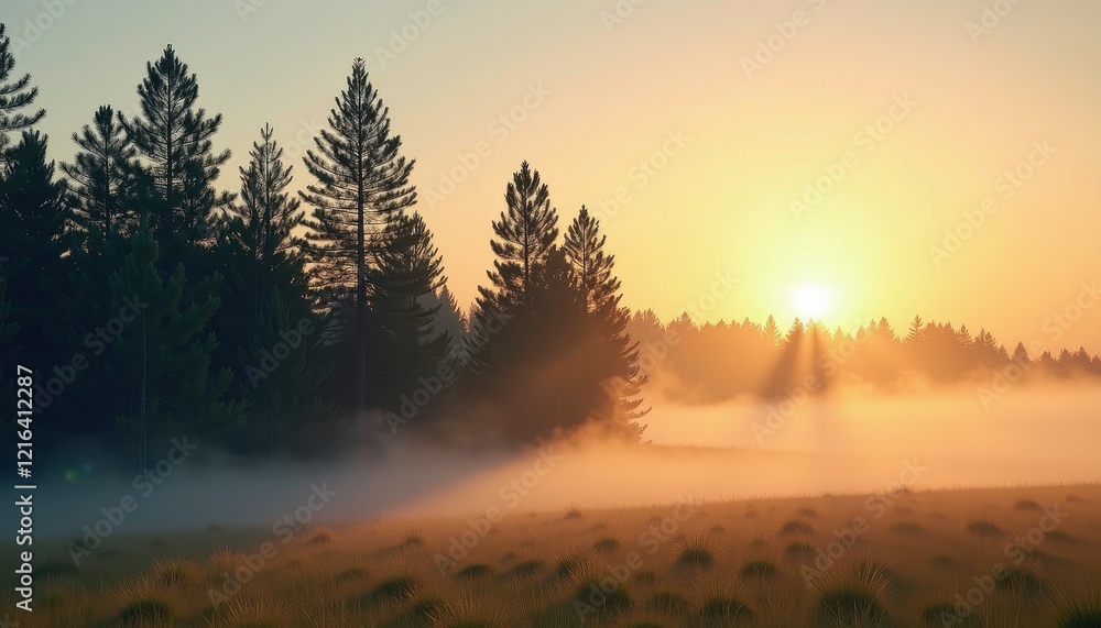 Fototapeta premium Serene Sunrise Over Misty Meadow with Tall Pine Trees and m Golden Light