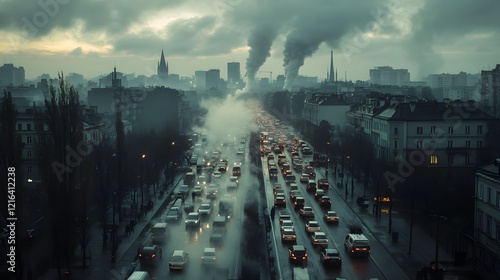 Rush hour in the city skyline with steam rising and a symphony of vehicles moving