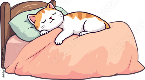 Cute cat sleeping peacefully in bed covered by blanket