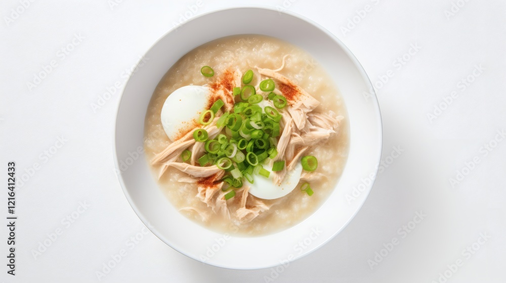 Warm chicken congee bowl topped with green onions and spices for a comforting meal Warm chicken congee bowl topped with green onions and spices for a comforting meal
