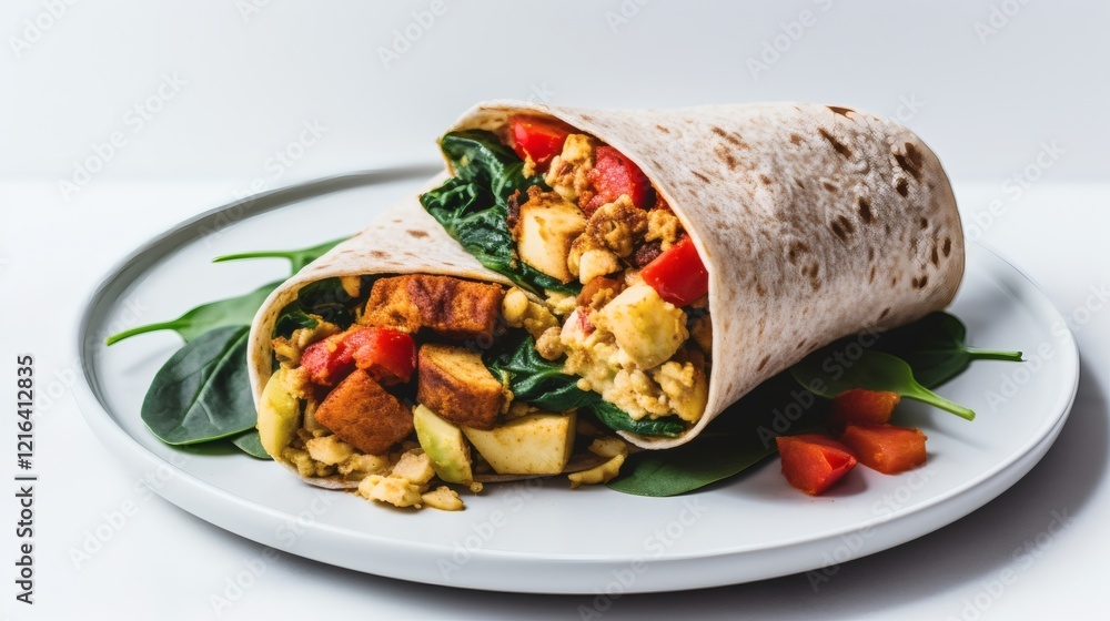 Healthy breakfast wrap filled with vegetables and protein served on a plate Healthy breakfast wrap filled with vegetables and protein served on a plate