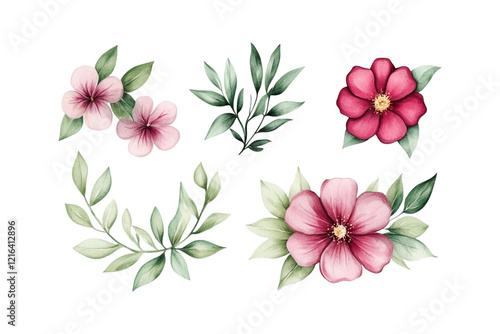 Watercolor Floral Design Pink and Red Flowers Green Leaves Artistic Background
