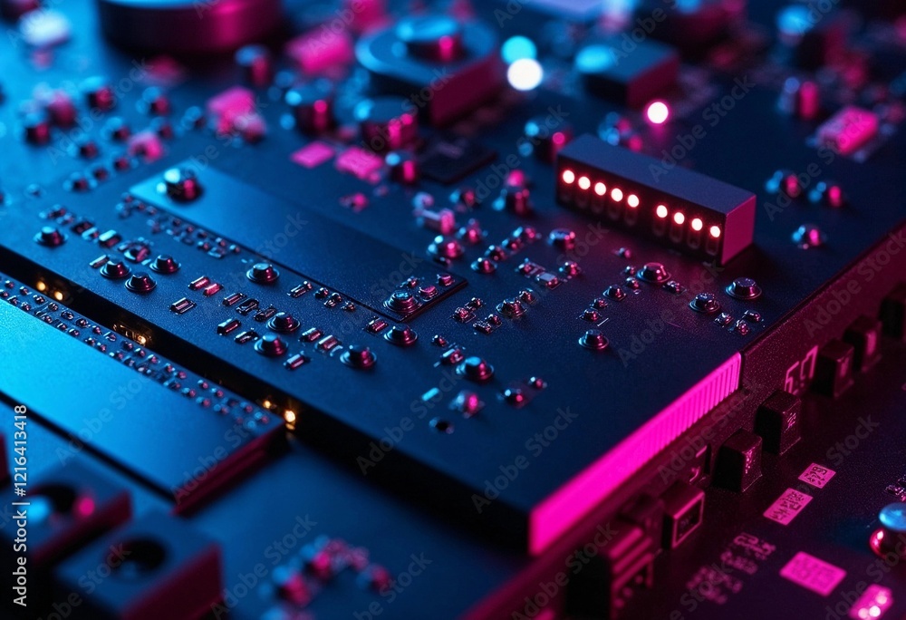 Obraz premium Exploring the Intricate Patterns of a Colorful Circuit Board at Night. Generative AI