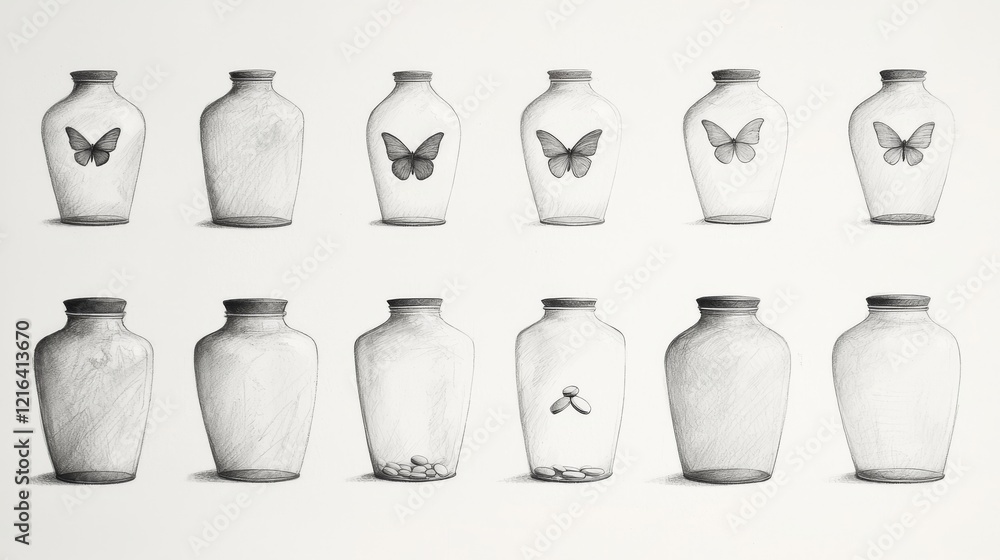 Surreal Sketch of Bottles with Butterflies and Stones - Artistic Conceptual Minimalism Surreal Sketch of Bottles with Butterflies and Stones - Artistic Conceptual Minimalism