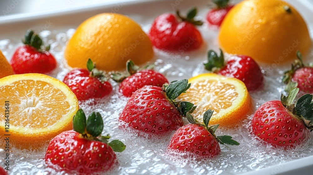 Oranges and strawberries in ice on white tray. Use Food related images. Oranges and strawberries in ice on white tray. Use Food related images.