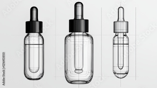 Transparent Dropper Bottles Blueprint: Detailed 3D Render of Glass Packaging Design