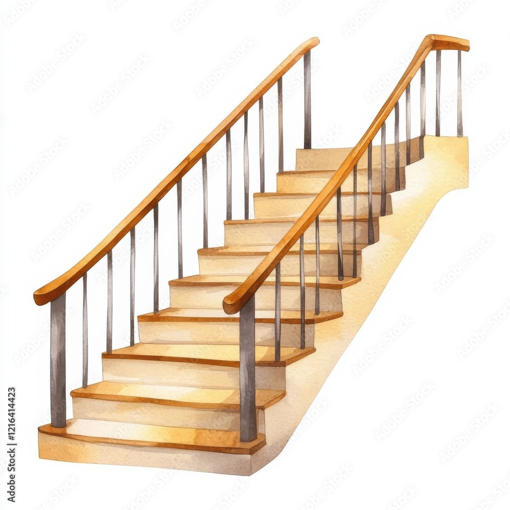 Watercolor illustration of a library staircase cozy library clipart inviting atmosphere artistic viewpoint, isolated on white background Watercolor illustration of a library staircase cozy library clipart inviting atmosphere artistic viewpoint, isolated on white background