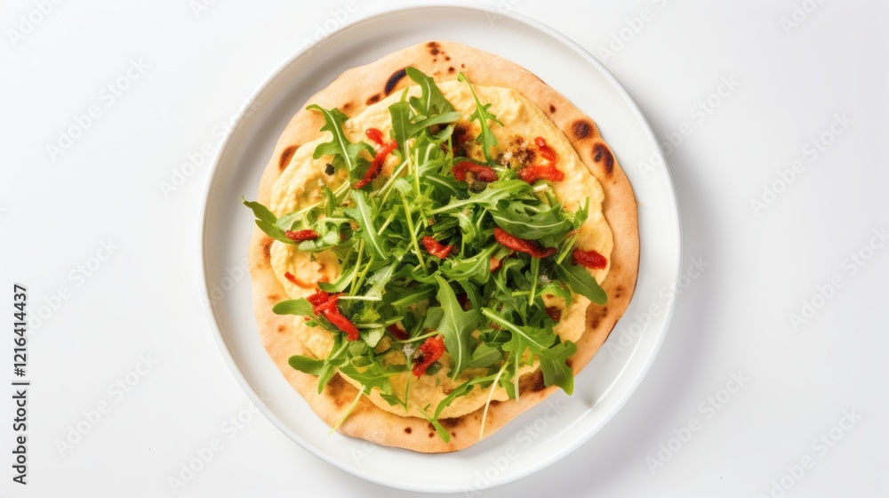 Fresh flatbread topped with creamy hummus, vibrant greens, and sun-dried tomatoes ready for a healthy meal Fresh flatbread topped with creamy hummus, vibrant greens, and sun-dried tomatoes ready for a healthy meal