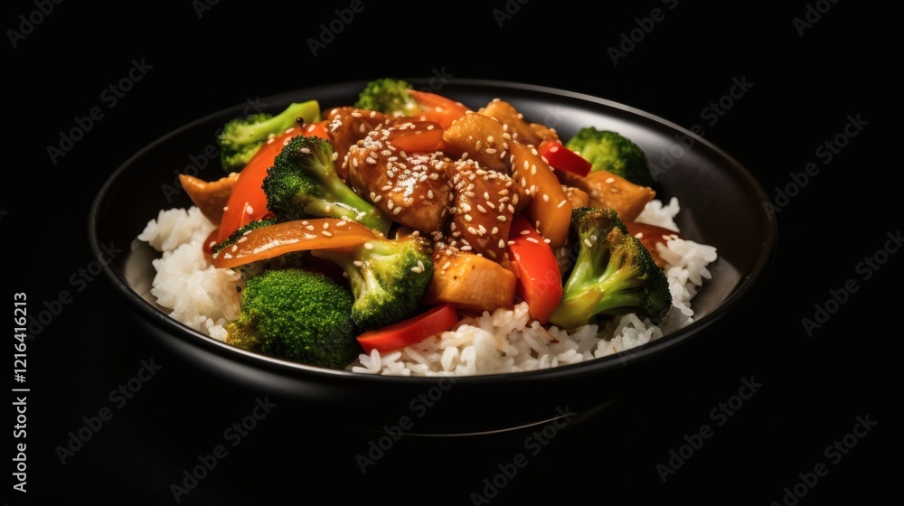 Colorful stir-fried chicken with vegetables served over fluffy white rice in a dark setting Colorful stir-fried chicken with vegetables served over fluffy white rice in a dark setting