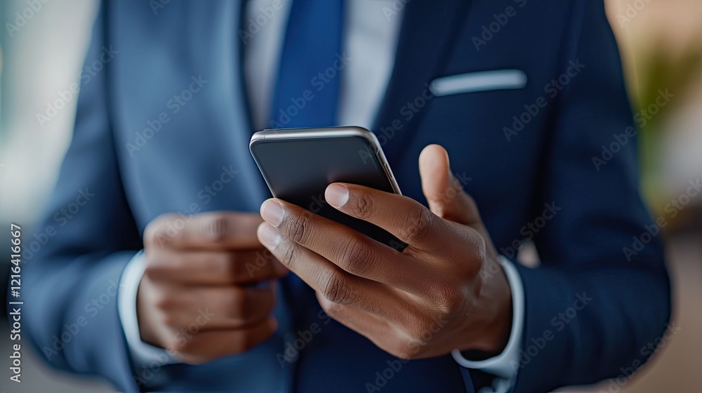Close-up of a businessman holding a smartphone with a business graph chart in the background, for business analysis Close-up of a businessman holding a smartphone with a business graph chart in the background, for business analysis