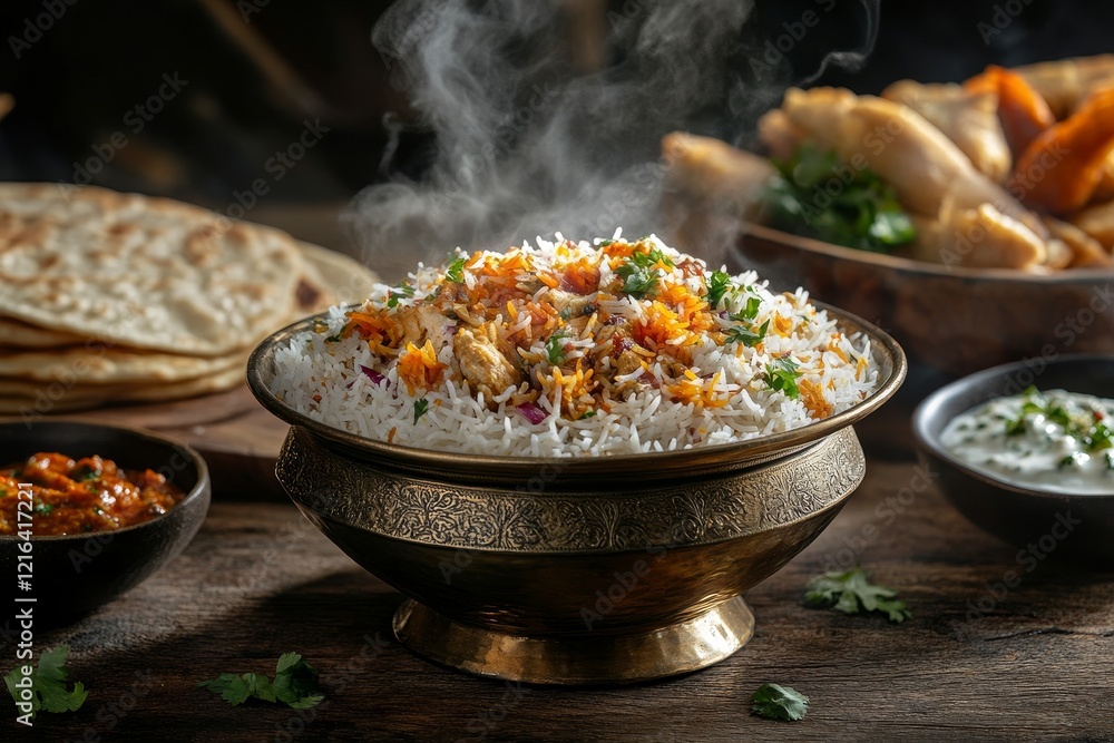 Steaming Chicken Biryani in ornate bowl with naan, dips, and samosas. Steaming Chicken Biryani in ornate bowl with naan, dips, and samosas.