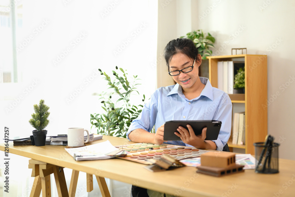Smiling interior designer using digital tablet at working desk with color swatches, material samples and design tools Smiling interior designer using digital tablet at working desk with color swatches, material samples and design tools