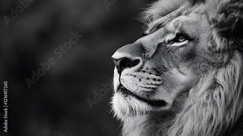 A lion's face is shown in black and white