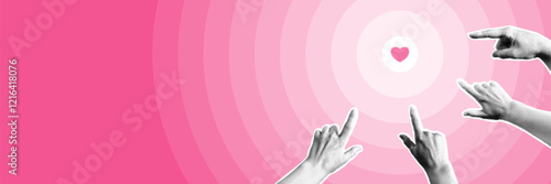 Pink background with halftone hands pointing fingers to heart. Trendy Valentine`s banner template. 