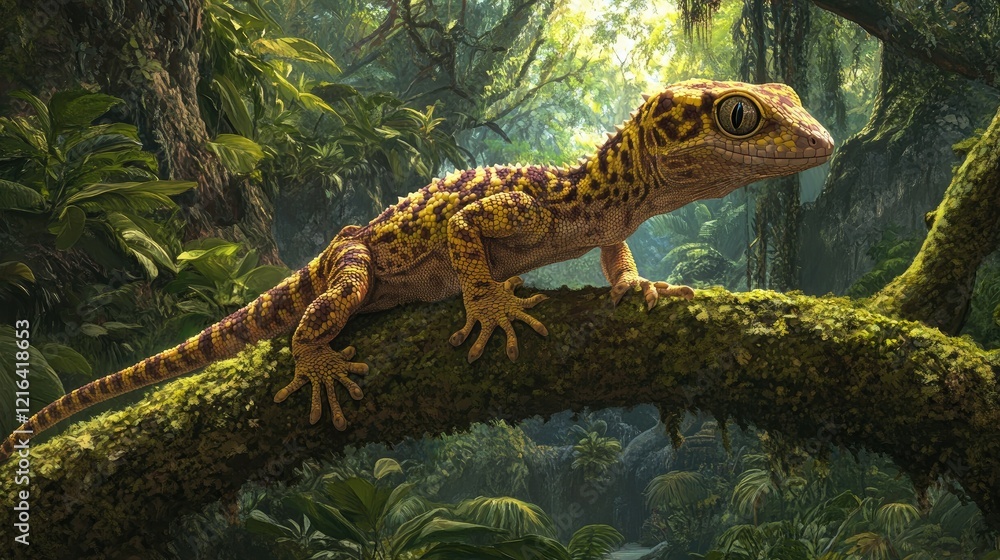 A vibrant gecko perched on a textured tree trunk, surrounded by lush green foliage. A vibrant gecko perched on a textured tree trunk, surrounded by lush green foliage.