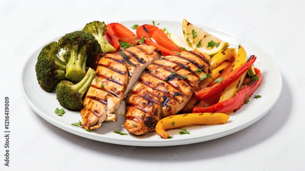 Grilled chicken breast served with colorful roasted vegetables on a white plate Grilled chicken breast served with colorful roasted vegetables on a white plate