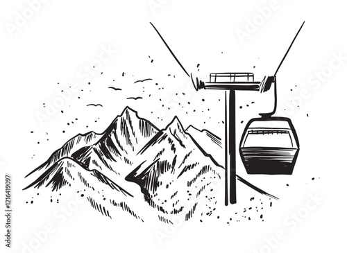 Ski Lift in Winter mountain black on white, hand drawn