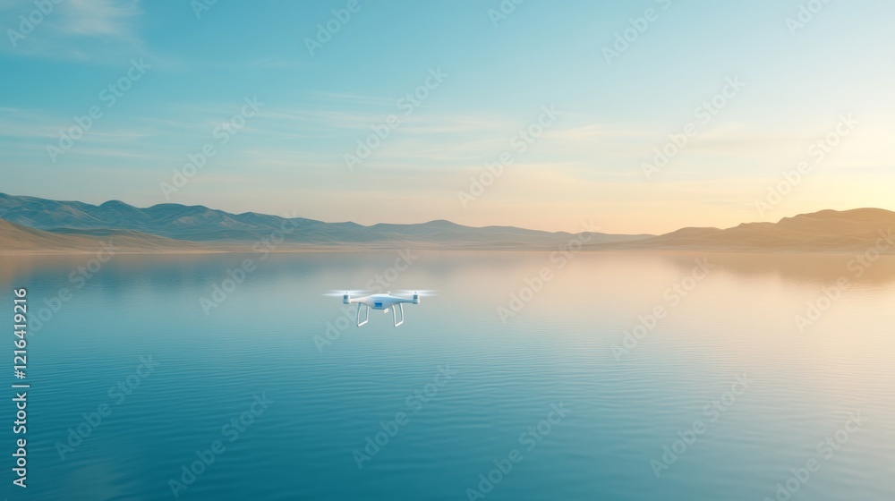 Fototapeta premium Drone Flying Over Calm Lake at Sunset
