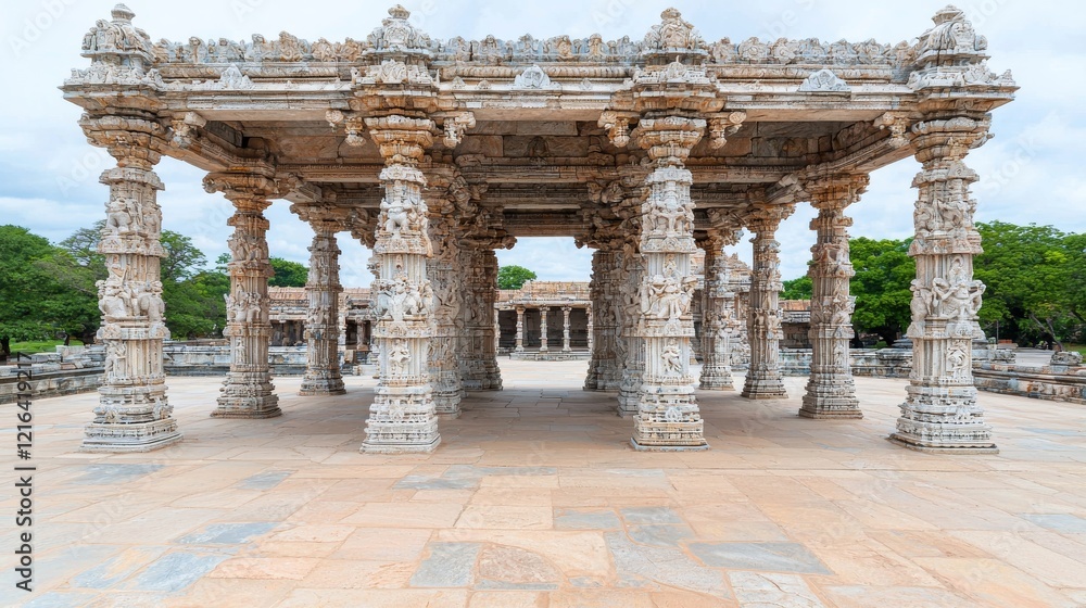 Fototapeta premium Intricately Carved Stone Pavilion at Ancient Indian Temple