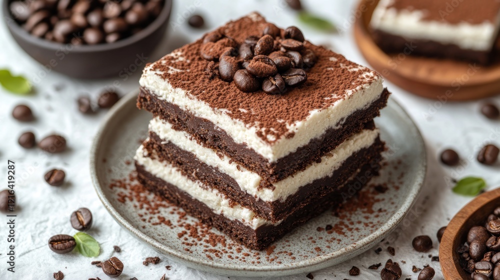 Coffee-dusted tiramisu squares on plate, kitchen Coffee-dusted tiramisu squares on plate, kitchen