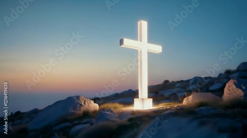 Illuminated Cross on a Rocky Hill at Sunset