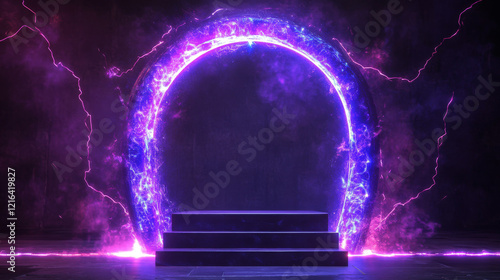 Magic fantasy portal. Round light frame, Futuristic teleport. light effect. Blue, purple, neon lights illuminate the night scene with sparks on a transparent background. Light effect of an empty podiu photo