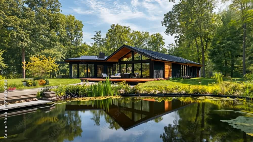 A modern single-family home surrounded by a beautiful garden and pond.