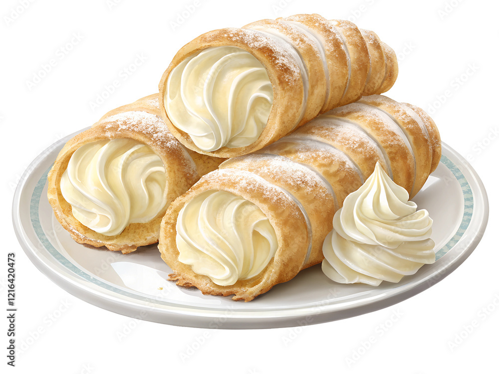 Cream horn on plate, isolated on white background.PNG transparent.
Cream horn on plate, isolated on white background.PNG transparent.