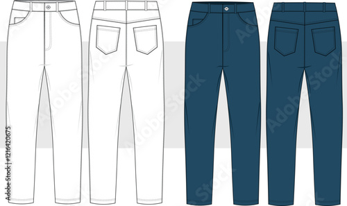 Men's denim blue jeans trouser pants fashion drawing,  front and back view, flat sketch fashion illustration, pockets denim pants vector template, CAD, mockup. 