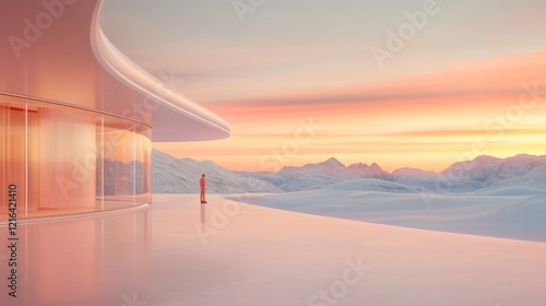 Futuristic Architecture in a Winter Landscape at Sunset
