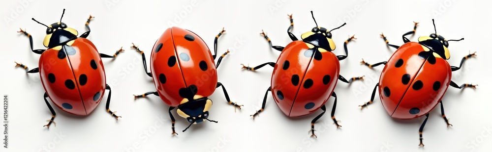 Fototapeta premium Four vibrant red ladybugs with black spots displayed against crisp white background. Close-up view highlights detailed insect features like legs, antennae. Image likely intended for educational