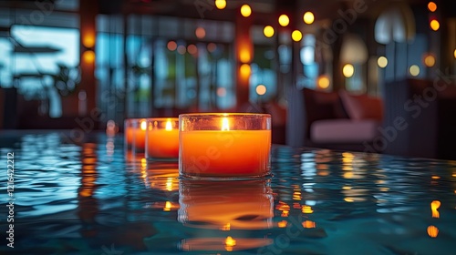 A row of small oil lamps with flickering flames, placed on a reflective surface. photo