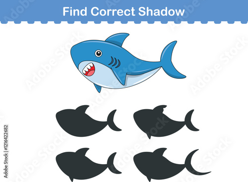 Funny cartoon shark. find the correct shadow. Kids Education games. Cartoon vector illustration