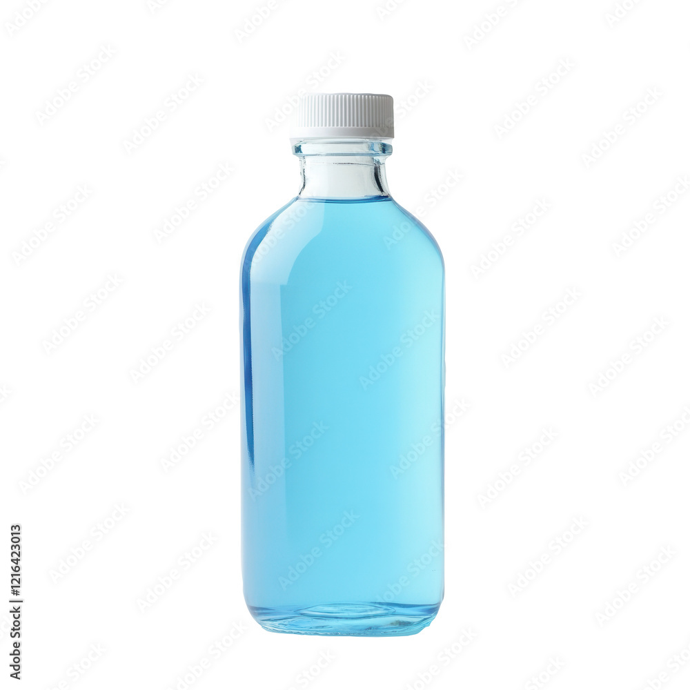 Glass bottle, blue liquid, studio, white background, mockup Glass bottle, blue liquid, studio, white background, mockup