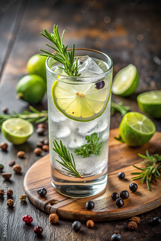 Fototapeta premium Gin and tonic with lime, rosemary, and ice cubes
