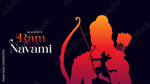Happy Ram Navami Vector Background Design with Silhouette Lord Rama Illustration. Shree Ram Navami celebration background for religious holiday of India. Shree Ram Navmi with Lord Ram vector.