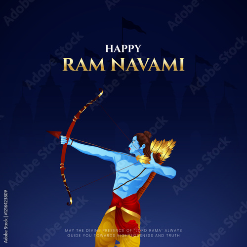 Happy Ram Navami Vector Background Design with Silhouette Lord Rama Illustration. Shree Ram Navami celebration background for religious holiday of India. Shree Ram Navmi with Lord Ram vector.