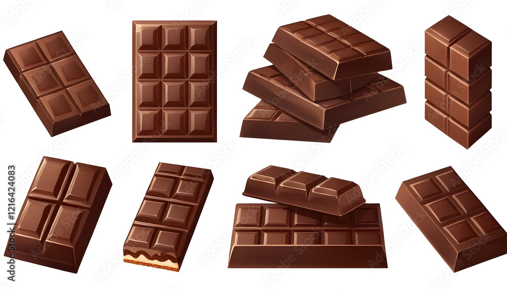 Fototapeta premium Closeup of chocolate bar and broken chocolate pieces isolated on white background