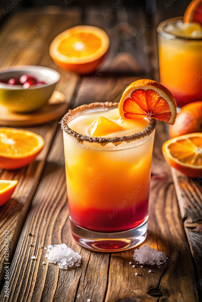 Blood orange margarita with salt rim and ice cubes Blood orange margarita with salt rim and ice cubes
