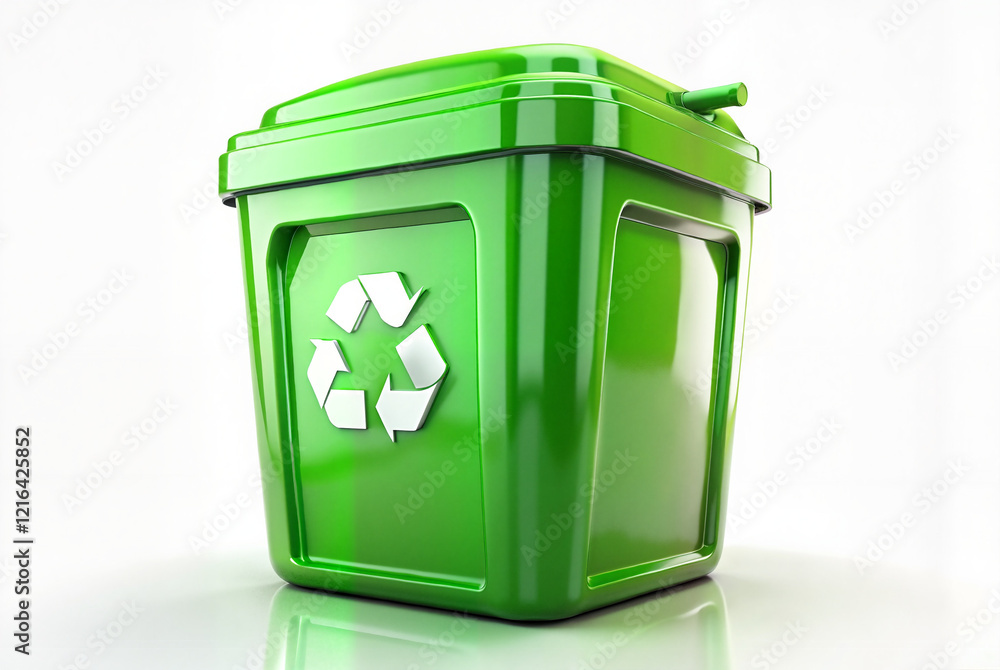 Green recycling bin with eco-friendly symbol on reflective surface Green recycling bin with eco-friendly symbol on reflective surface