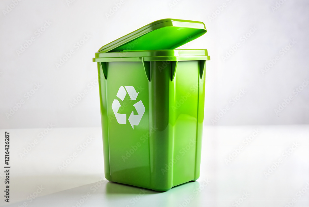 Green recycling bin with eco symbol on a clean white background Green recycling bin with eco symbol on a clean white background