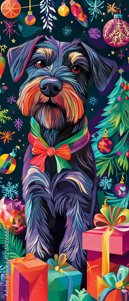 Naklejka premium Charming Standard Schnauzer Dog Surrounded by Festive Christmas Papercut Decorations Perfect for Holiday Cheer and Pet Lovers Celebrating the Joy of the Season