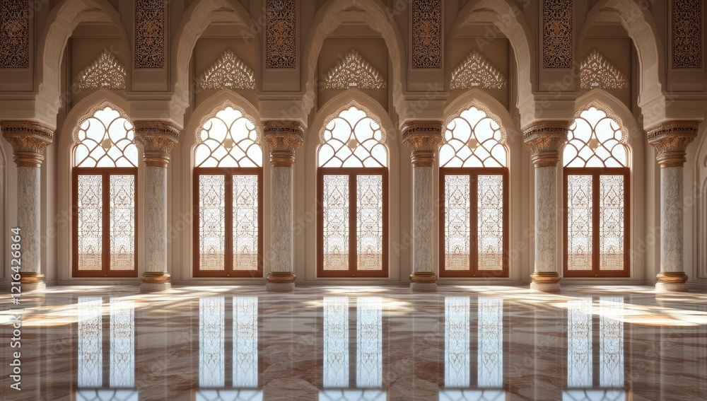 Grand hall with arched windows and marble floor. Grand hall with arched windows and marble floor.