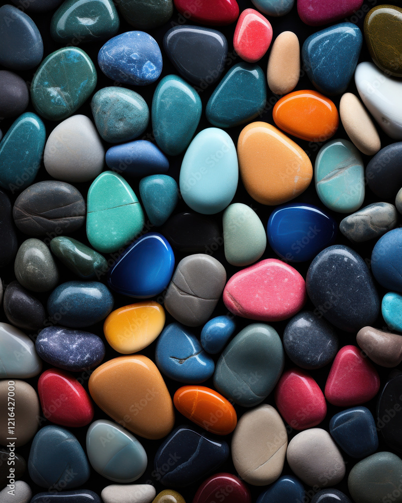 Colorful collection of smooth pebbles in various shapes and sizes, showcasing vibrant array of blues, greens, reds, and yellows, perfect for decorative purposes Colorful collection of smooth pebbles in various shapes and sizes, showcasing vibrant array of blues, greens, reds, and yellows, perfect for decorative purposes
