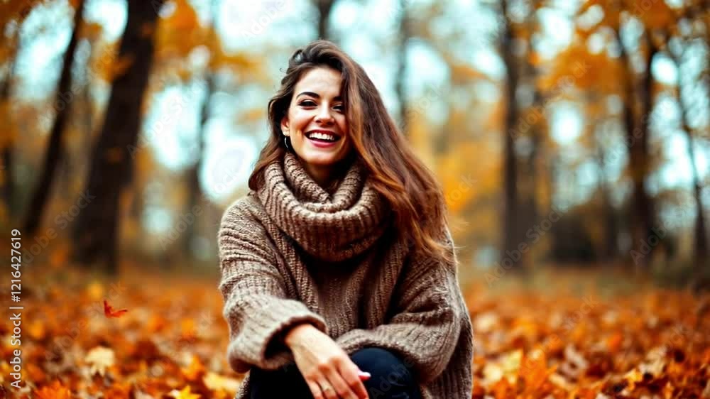 A cheerful woman with brown hair smiles while sitting in a beautiful autumn forest A cheerful woman with brown hair smiles while sitting in a beautiful autumn forest