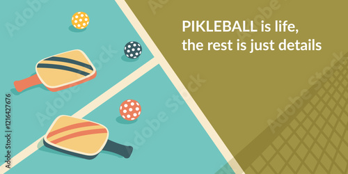 Pickleball court with paddles and balls. Pickleball background. Concept of sport, activities, hobbies, leisure, healthy lifestyle. Vector banner.