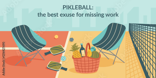 Pickleball banner. Pickleball court with chairs, paddles, balls and basket of food. Concept of rest, game and spending time with friends. Vector hand drawn background.