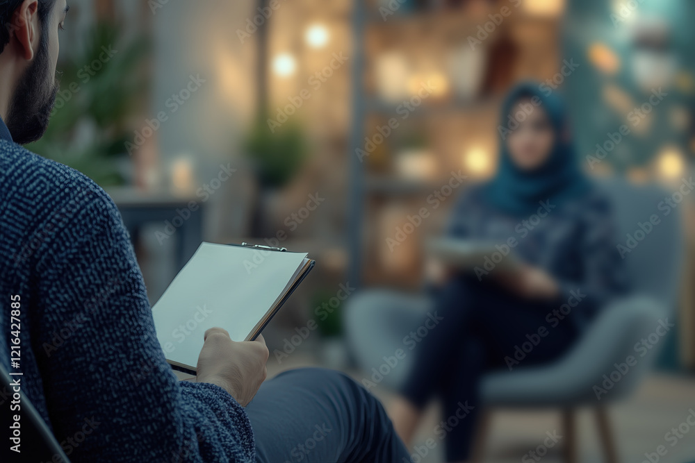 Psychologist or psychotherapist having session with her patient and writing notes, assessing patient's health and giving diagnosis. Psychotherapy session with muslim woman. Psychologist or psychotherapist having session with her patient and writing notes, assessing patient's health and giving diagnosis. Psychotherapy session with muslim woman.